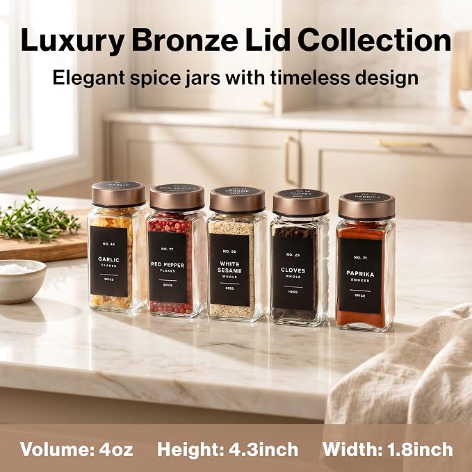 Glass Spice Jars with Label, 24x Champagne Bronze Steel Lids | Airtight Lids keep spices fresh, Kitchen Spice Drawer Organizer, 4oz Seasoning Containers incl. Funnel, Brush & 240 Labels