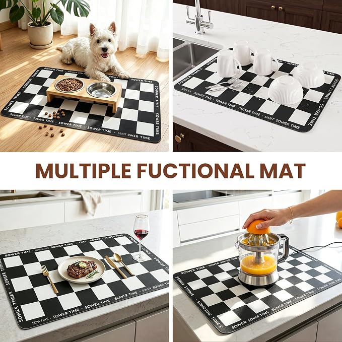 Coffee Mat Dish Drying,Non-Slip Easy Clean Sink Mat,Heat-resistant ,Fit Under Coffee Maker, Espresso Machine, Pot, Dish Rack (Checkerboard pattern, 16"x20")