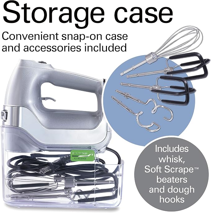 Hamilton Beach Professional 7-Speed Digital Electric Hand Mixer | High-Performance DC Motor | Slow Start | Snap-On Storage Case | SoftScrape Beaters, Whisk, Dough Hooks | Silver & Chrome