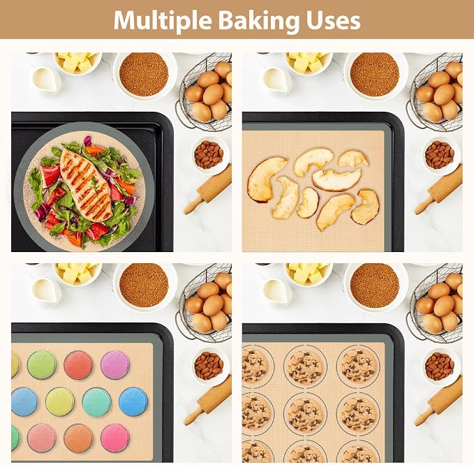 Silicone Baking Mat Set of 4, Nonstick Reusable Macaron Silicone Baking Mat & Round Pizza Mat, Cookie Baking Supplies for Macaroons, Pastry, Pizza, Gray
