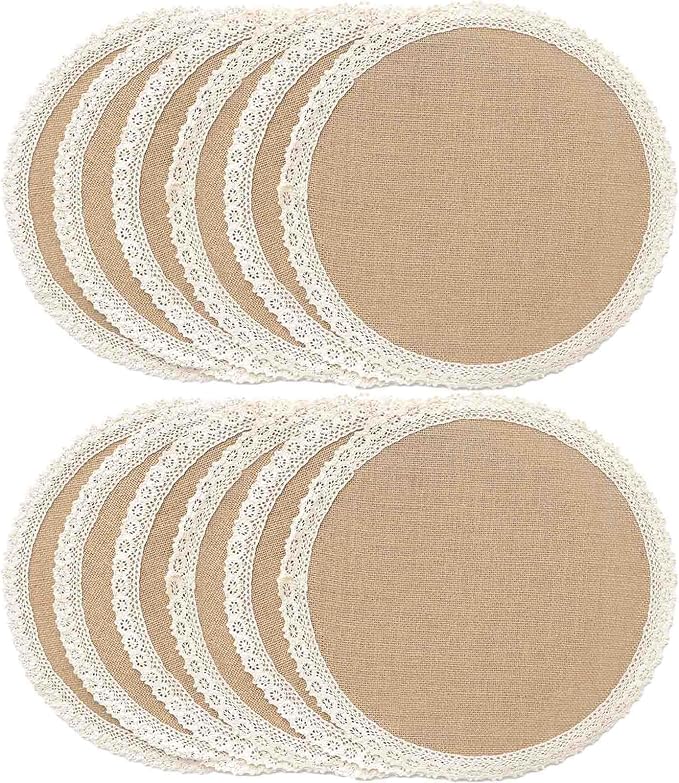 FunWheat Burlap Round Braided Placemats Set of 12 for Dining Tables 15 Inch Heat Resistant Jute Table Mats Farmhouse Woven Fabric Natural Place mats for Fall Decoration(Cotton Lace)