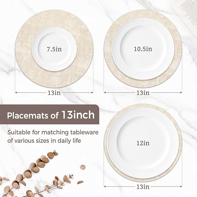 13" Round Placemats Set of 4, Reversible Faux Leather Wipeable Table Mats | 2mm Vinyl Heat Resistant, Waterproof Oilproof Scratch Proof Non-Slip, Washable for Kitchen Dining Indoor Outdoor (Beige)