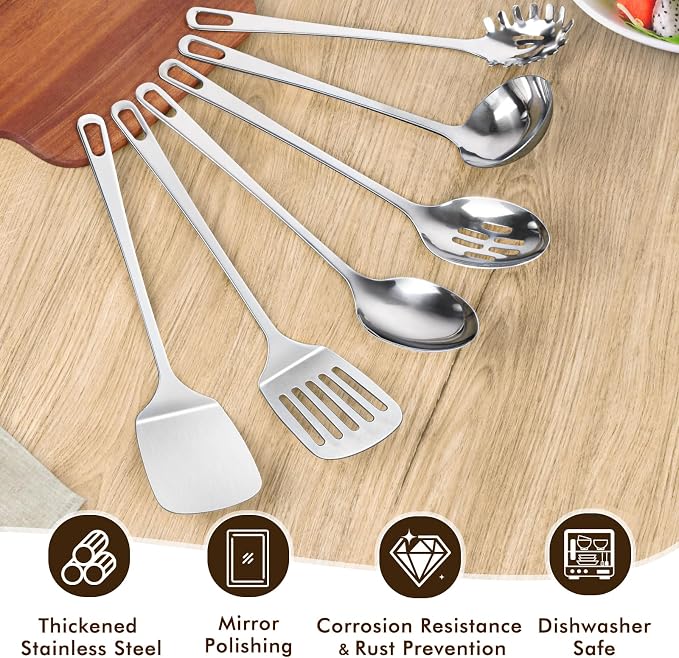 9 Pcs Cooking Utensils Set, Stainless Steel Kitchen Utensils, Heat Resistant Metal Kitchen Tools Include Solid & Slotted Turner Wok Spatula, Serving Spoon, Ladle, Pasta Server, Meat Fork, Tongs Silver