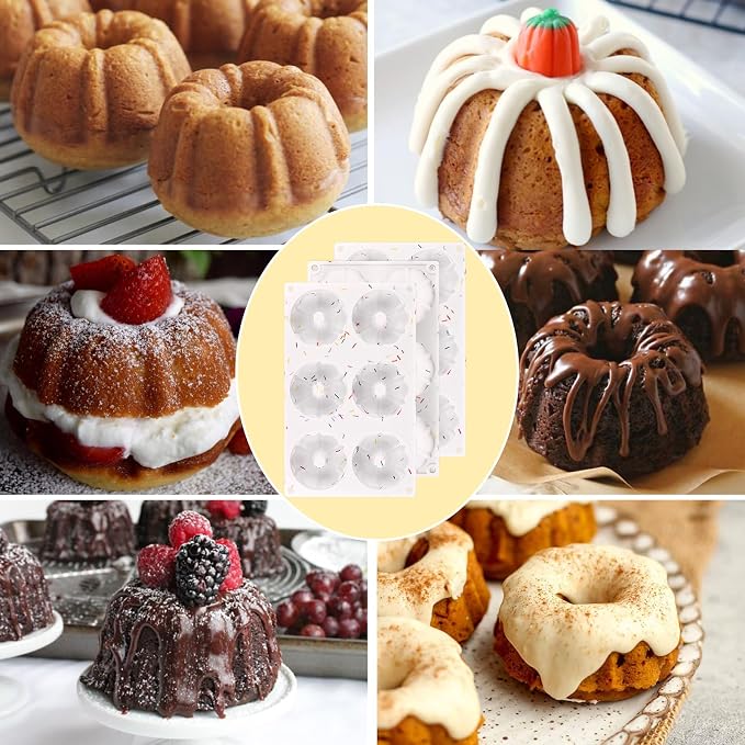 HUAKENER 3 Pcs Mini Fluted Cake Pan, 6-Cavity Fluted Tube Cake Pan | Non-stick Silicone Baking Mold for Cupcakes, Donuts, Muffins, Cornbread, Brownies, Jellies