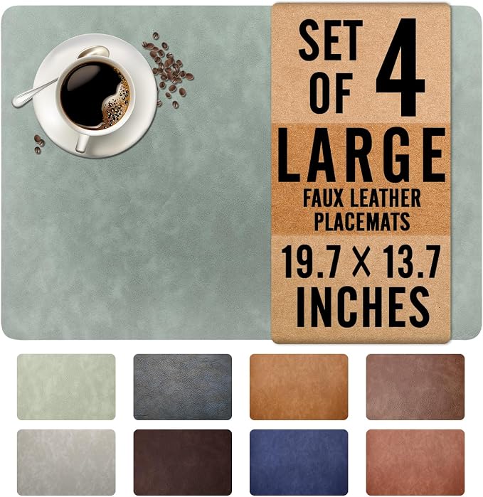 UnivoColors Washed Cowhide Pattern Faux Leather Big Size Placemats Set of 4, Waterproof Easy to Clean Anti-Slip PU Table Mats for Party Decoration19.7″×13.6″,Light Green Retro Cowhide Pattern