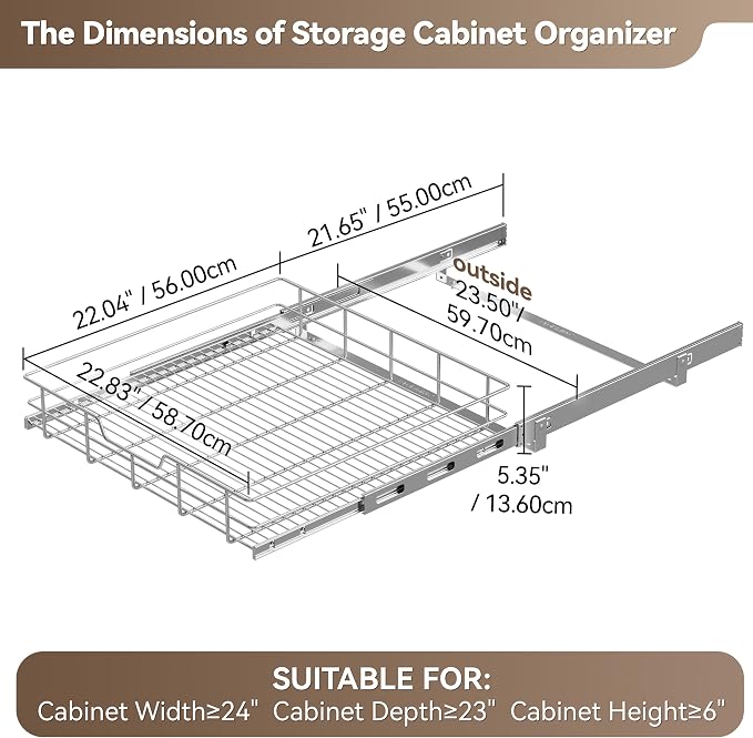 Pull Out Cabinet Organizer 24" W X 22" D, Chromed, Full Slide Out Drawers | For Kitchen Organizers and Storage, Pull Out Drawers For Cabinets Capacity Heavy Duty Caddy, Cabinet Shelves, Bathroom Pantry