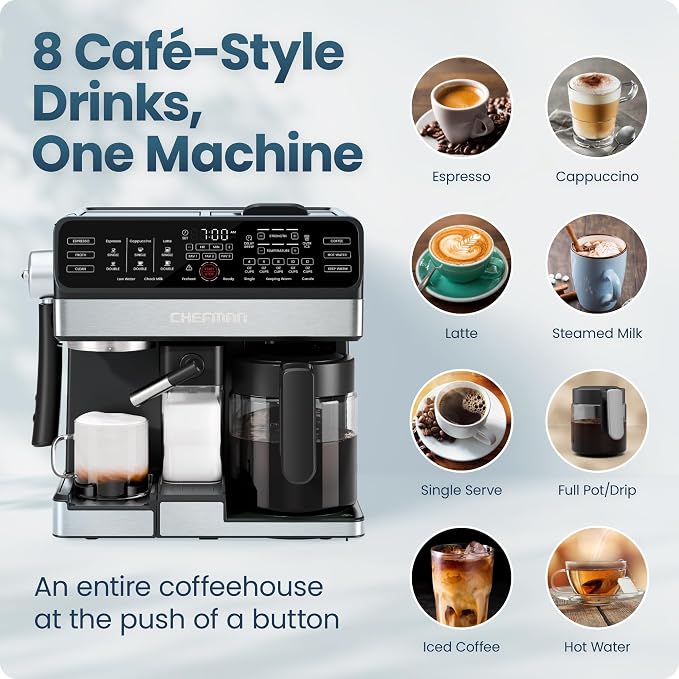 Chefman Coffee Maker Espresso Machine Combo, 8-in-1 Coffee Station with Automatic Milk Frother for Lattes, Cappuccinos, Macchiatos, 20-Bar Pump, 12-Cup Carafe & 3L Water Tank - Black