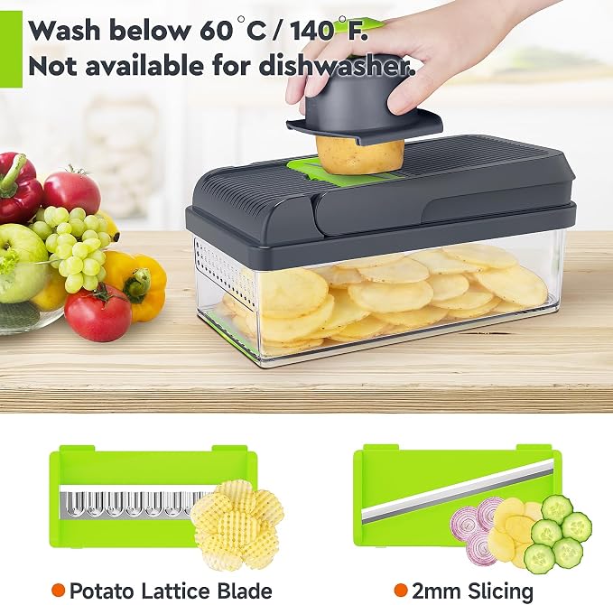 MealHelper 12-in-1 Vegetable Chopper, Food Veggie Chopper With Container | Kitchen Prep Tool, Cheese Grater, Home Essentials & Kitchen Gadgets, with Sharp Stainless Steel Blades(7 Blades, Green)