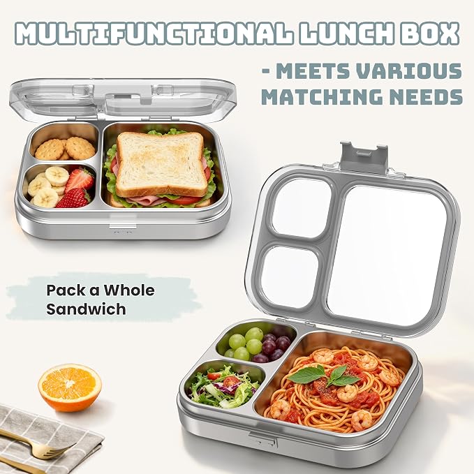 LOHASOK Stainless Steel Bento Lunch Box, 800ml, Grey | 3-Compartment, Leak Proof, Lightweight, Clear Plastic Lid, for Kids Adults, BPA/BPS Free, Dishwasher Safe