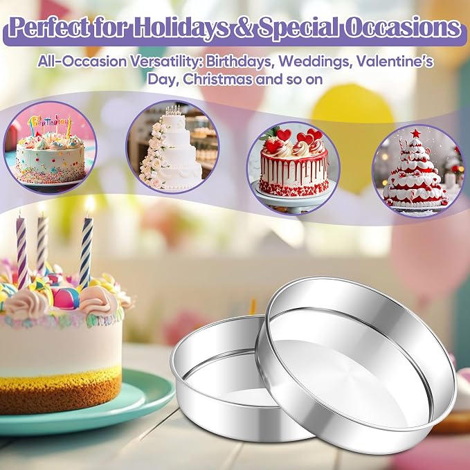 E-far 9 Inch Round Cake Pan, 2-Piece Stainless Steel Round Baking Mold Tins | Non-Toxic & Leak-Proof for Birthday Wedding Layer Tiered Cake, Easy Clean & Dishwasher Safe