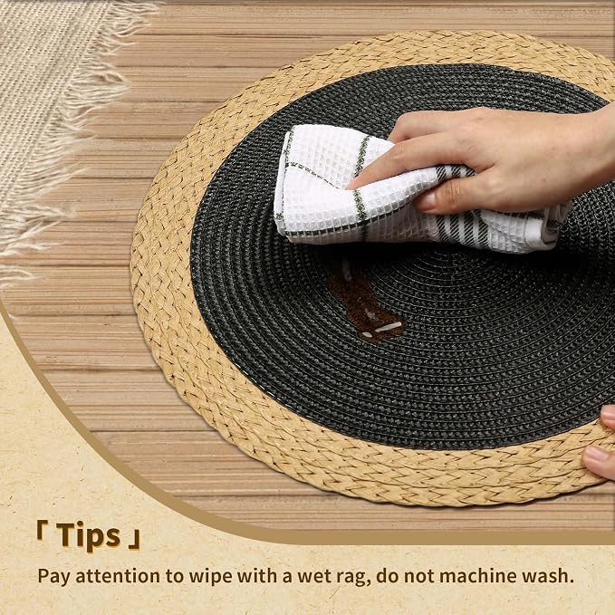 Round Placemats Set of 8, Woven Table Mats, Wide Edge, Black | Braided Paper Edge, 15 Inch Diameter, Fits Dinner Plate and Flatware, Wipeable, Heat Resistant, Indoor Dining, Outdoor Patio