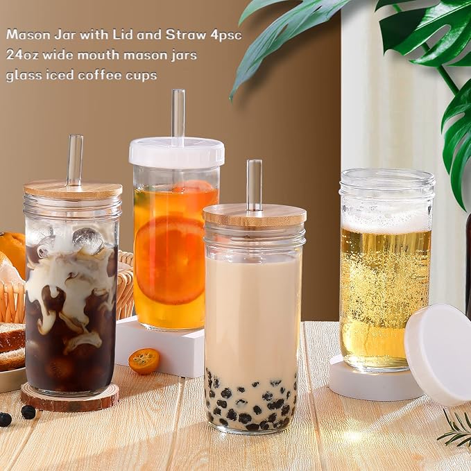 DWTS DANWEITESI Glass Cups with Lids and Straws,24 oz Smoothie Cup with Lid and Straw-Boba Mason Jar,Matcha Cup Wide Mouth Reusable Drinking Glasses,Iced Coffee Cups Glass,Vasos De Vidrio【4 Pack】