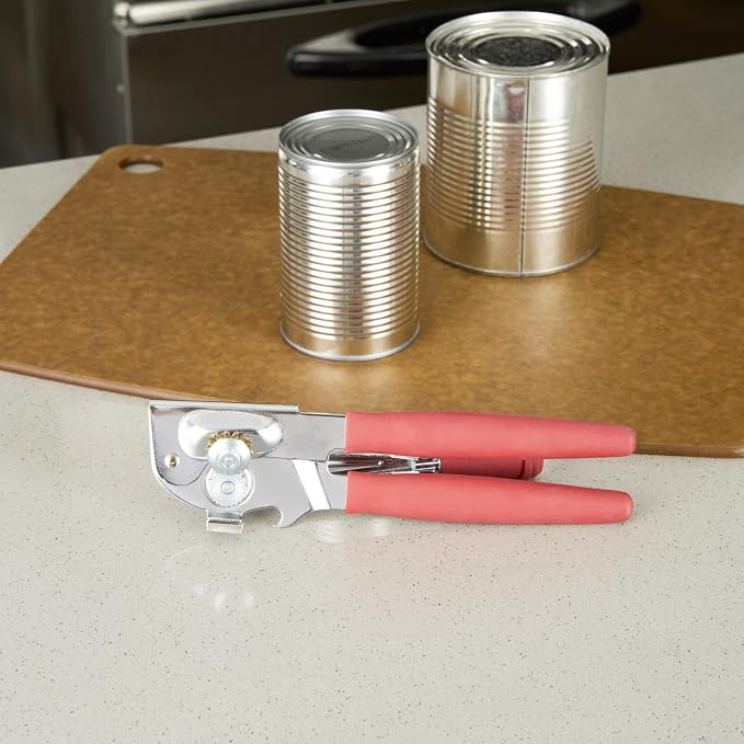 Restaurantware Stainless Steel Magnetic Manual Can Opener - German Standard Red Crank Can Opener with Magnet, Ergonomic Handles, Non-Slip - Heavy-Duty Hand Can Opener, Easy Turn, Sharp Blade