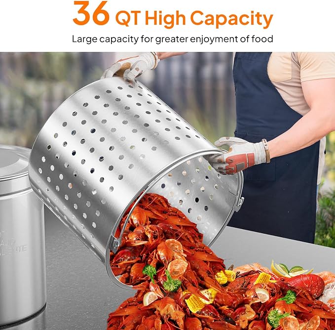 Bonnlo 36QT Turkey Fryer Pot with Steamer Basket, Lid & Lifting Hook, Stainless Steel Seafood Boil-Pot for Lobster, Crab & Shrimp, Heavy-Duty Deep Stockpot for Outdoor Boiling, Cooking & Frying