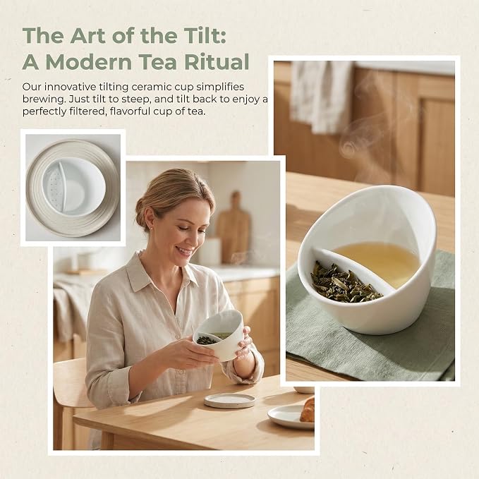 Tilt Tea Cup with Infuser, Water Separation Tea Cup, 11.8oz/350ml Tilting Portable Ceramic Teapot for Travel (Black)