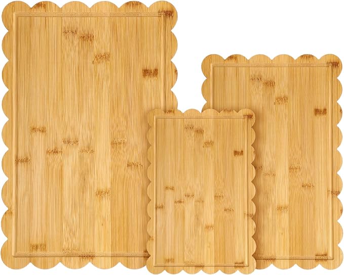 3 Pcs Bamboo Wood Scalloped Cutting Boards for Kitchen, Medium | Juice Groove, Blank Wood Charcuterie Tray, Snack Cheese, Appetizers Grazing Platter, Engraving Gift, Crafts Rustic Wall