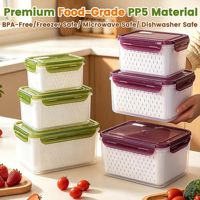 TBMax 8 Pieces Airtight Fruit Storage Containers for Fridge with Air Circulation Vent, 4 Pack Produce Saver with Colander for Berry Lettuce Salad Vegetable Storage, Refrigerator Organizers- Green