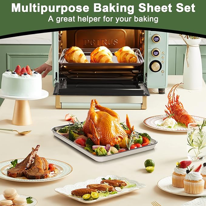 Baking Sheet Tray Cooling Rack with Silicone Baking Mat Set, Stainless Steel Cookie Pan For Oven, Set of 9 (3 Sheets + 3 Racks + 3 Mats), Warp Resistant & Heavy Duty & Easy Clean, Red