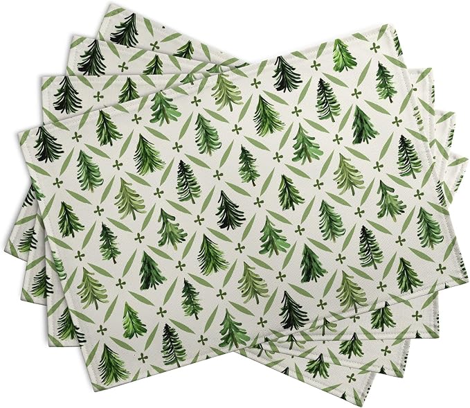 Sage Green Pine Tree Christmas Placemats Set of 4 Xmas Farmhouse Rustic Style Print Place Mat Seasonal Winter Holiday Linen Table Mats for Indoor Outdoor Kitchen Dining Party Decor