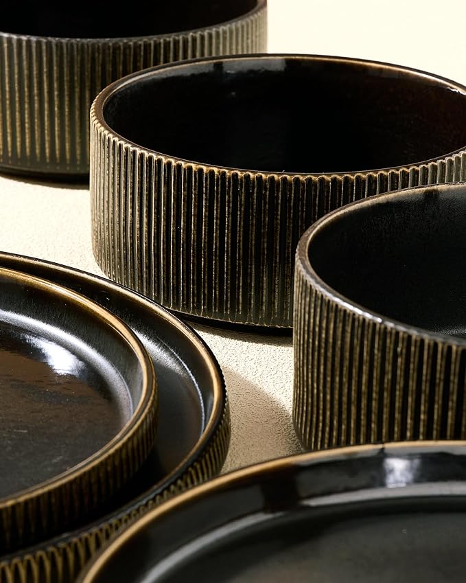 Stoneware Dinnerware Set for 4, Reactive Glaze, Black Gold | 12 pcs Ceramic Plates and Bowls, Handmade Ribbed Dishes, Everyday Use, Microwave & Dishwasher Safe, Chip & Scratch Resistant
