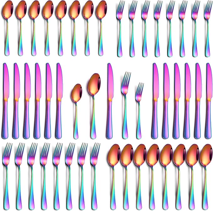 PHILIPALA 40 Piece Rainbow Silverware Set, Stainless Steel Flatware Set for 8 Colorful Novelty Flatware Cutlery Utensil Set Include Knife Fork Spoon Food Grade Mirror Polished Dishwasher Safe