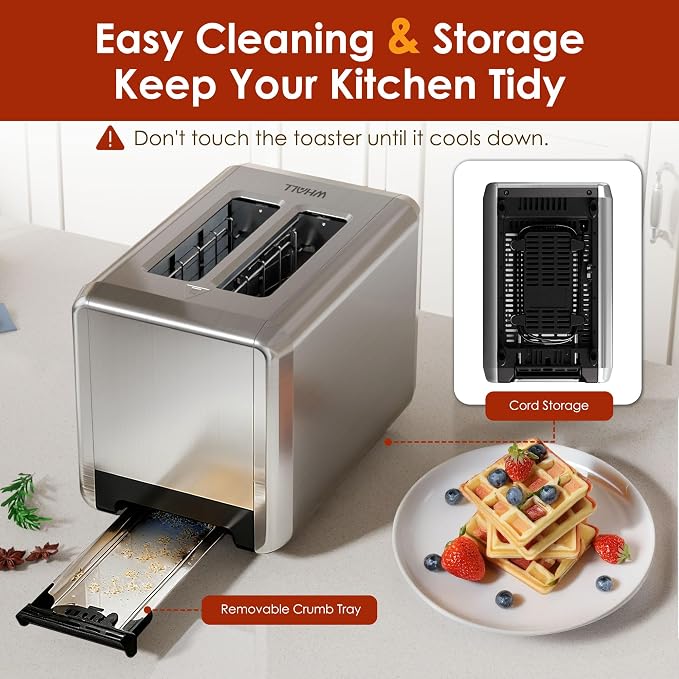 WHALL Full Touch Screen Toaster 2 Slice, Smart Toaster for Bread, Silver | 1.5'' Extra Wide Slot, 6 Shade Settings, Reheat/Defrost/Mute/Standby, Gluten-Free Waffle Pastry Mode, Stainless Steel, Silver