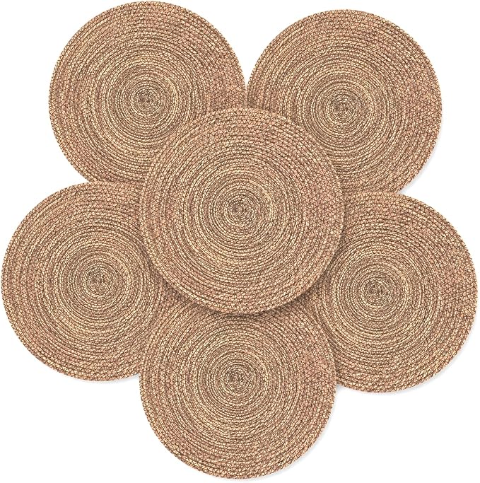 13.8" Set of 6 Brown Seagrass Woven Round Placemats - Wicker Boho Farmhouse Placemats - Rattan Table Mats for Dining Table, Wedding, Home (Brown Seagrass)