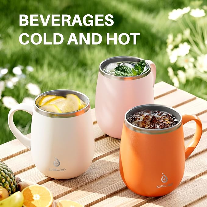 Ideus 16 oz Insulated Coffee Mug with Handle and Lid, Double Wall Stainless Steel Vacuum Thermal Coffee Mug, Travel Coffee Cup Thermal Cup for Home and Office, Orange Tiger