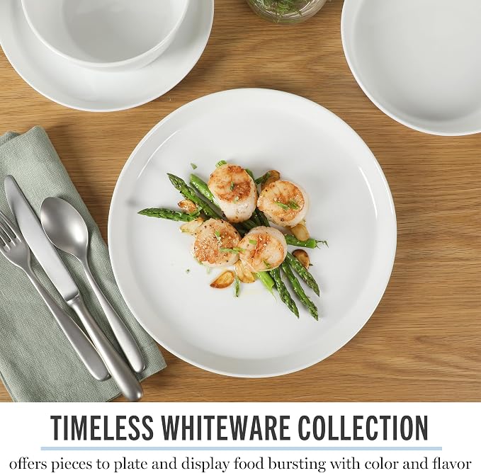 Martha Stewart Selma Chip & Scratch Resistant Dinnerware Set Service for 4 (16pcs) – White Plates and Bowls, Durable Dishwasher and Microwave Safe Dishes Set for Everyday Use