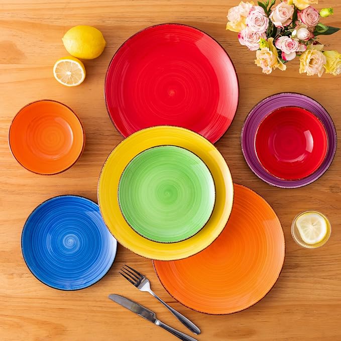 vancasso Bonita Dinnerware Set Multicolor Stoneware 18 Pieces Service for 6 | Handpainted Spirals Pattern Stoneware Plates and Bowls Set, Modern Round Dishes Sets, Microwave and Dishwasher Safe