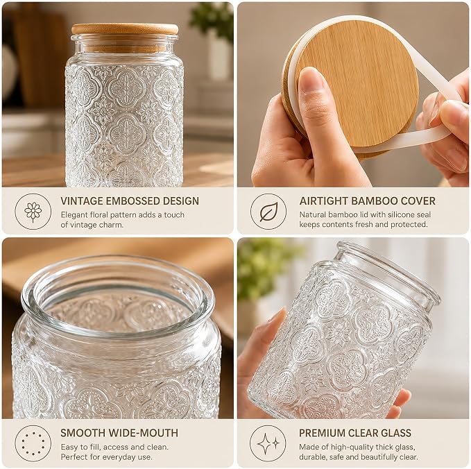 Glass Storage Jars With Airtight Lid, 23.7oz Canister For Kitchen Counter with Bamboo Lid, brown sugar, candy, coffee, cookie, salt, tea,pantry cute Jar (Begonia Flowers*1)