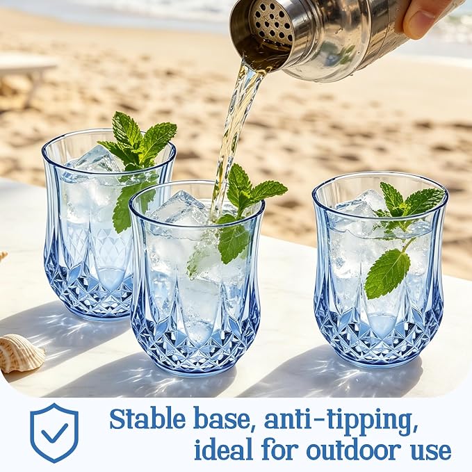 24 Pack 12 Oz Plastic Stemless Wine Glasses, Blue | Unbreakable, Reusable, Elegant Vintage Design, Fancy Cocktail Cups, Whiskey, Champagne, Wedding, Party, Bars, Holiday Events