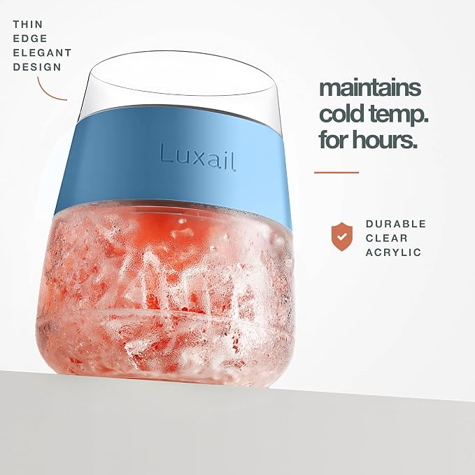 luxail Wine Glasses, Plastic Wine Glasses Set of 2, Wine Gifts, Double Wall Insulated Freezer Tumbler, Stemless Freezer cups for Red and white Wine, 8.5 Oz, Misty Blue