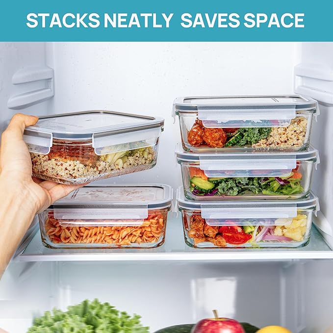 Vtopmart 5Pack 30oz Glass Meal Prep Container Sets with Lids, Grey | Glass Food Storage Containers, Snap Airtight Lid, For Microwave, Oven, Freezer and Dishwasher Safe, BPA Free