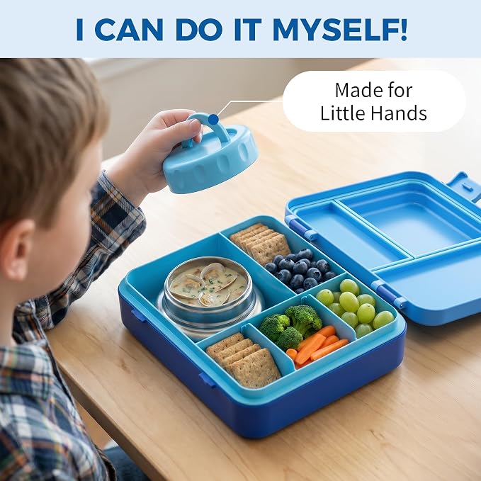 HOMEKOL Bento Lunch Box for Kids with 9oz Insulated Food Jar, Blue | 5-Compartment Leak-Proof Lunch Container for Girls Boys, BPA/BPS-Free, Dishwasher Safe