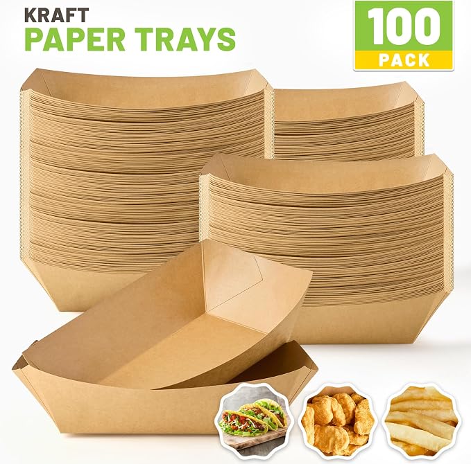 ZORRITA Extra Large Paper Food Trays, 5 LB, 100 Pack | Disposable, Kraft Paper, Nacho Trays, Food Boats, Party Serving Baskets, For Sandwiches Burgers Popcorns Snacks