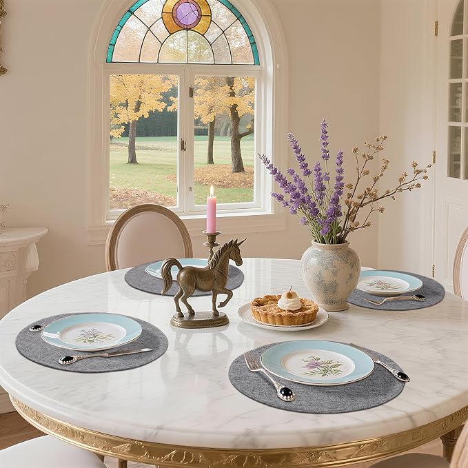 Cotton Linen 15 Inch Round Cloth Place mats, Set of 6, Dark Grey | Washable Table Mats, Heat Resistant, Reversible, Wipeable Place Mats for Indoor Outdoor