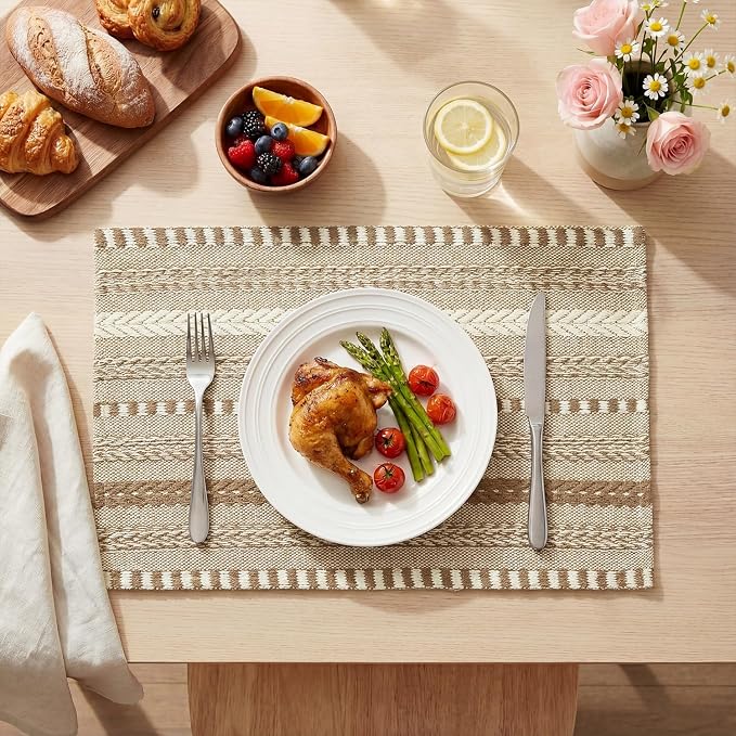 Artoid Mode Light Coffee Farmhouse Woven Braided Stripe Placemats Set of 6,12x18 Inch Seasonal Holiday Table Mats Party Kitchen Dining Decoration