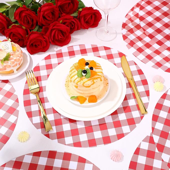 Funnymoom 60 Pcs Red and White Gingham Disposable Paper Placemats Round Table Place Mat Summer Checkered Decorative Paper for Baby Shower Wedding Birthday Party Dinner Table Decor