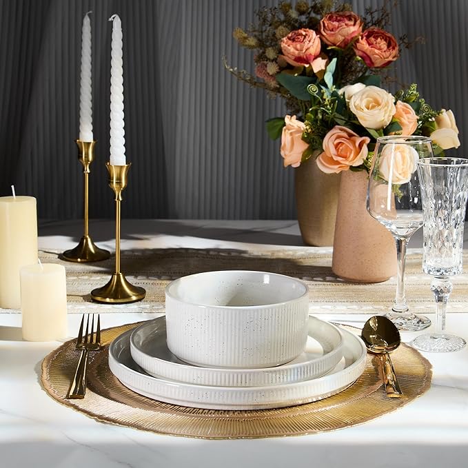 E-far Stoneware Dinnerware Sets, 18-Pieces Modern Plates and Bowls Sets, Kitchen Dinning Porcelain Dishes Set for 6, Chip & Scratch Resistant, Dishwasher & Microwave Safe, Speckled White