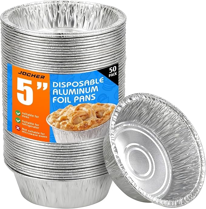 50 Pack Mini Pie Pans, 5in Pie Tins, Disposable Aluminum Round Foil Tart, Aluminum Foil Pans, Easily Stack & Store for Baking, Cooking, Storage or Reheating