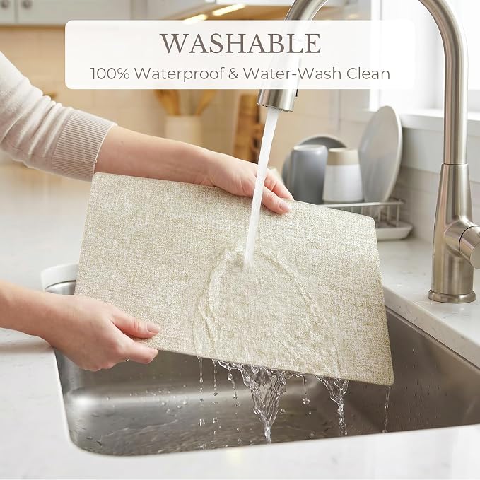 Romanstile Vinyl Placemats Set of 12-12 X 17 Inch - Faux Leather 100% Waterproof Wipeable Anti Slip Place Mats, Heat Resistant Reversible PU Table Mats for Kitchen Dining Party Outdoor, Beige