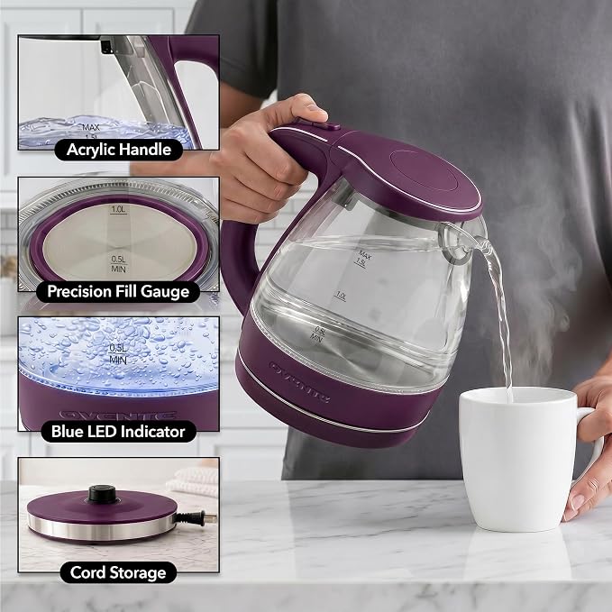 OVENTE 1.5L Glass Electric Kettle Water Boiler, Purple KG83P