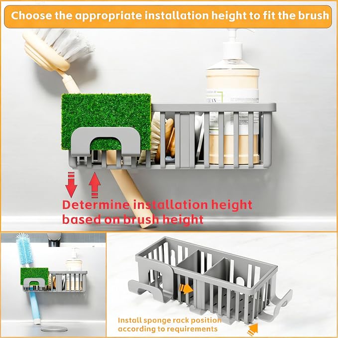 3 in 1 Kitchen Sink Caddy Sponge Holder with Suction Cup and Adhesive,Plastic Rust-Proof kitchen Scrubber,Dish Scrub,Dish Soap Holder,Grey Hanging Sponge Rack and In Sink Organizer Essentials