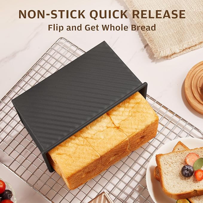 KITESSENSU Carbon Steel Pullman Loaf Pan with Lid, 1 lb Dough Capacity, Black, Non-Stick, Bread and Toast