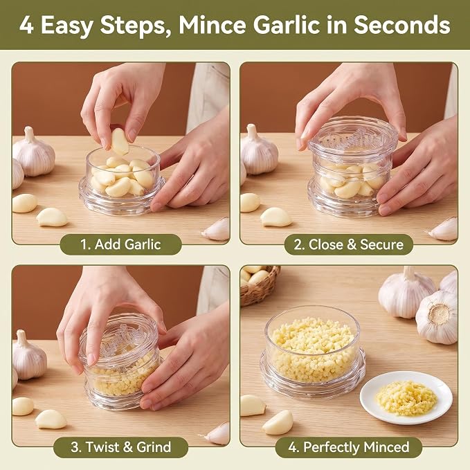 2PCS Clear Manual Garlic Twister, Garlic Crusher, Ginger & Nuts Mincer Tool | Multi-Functional Mincer & Grinder for Garlic, Onion, Ginger, Herbs, Nuts