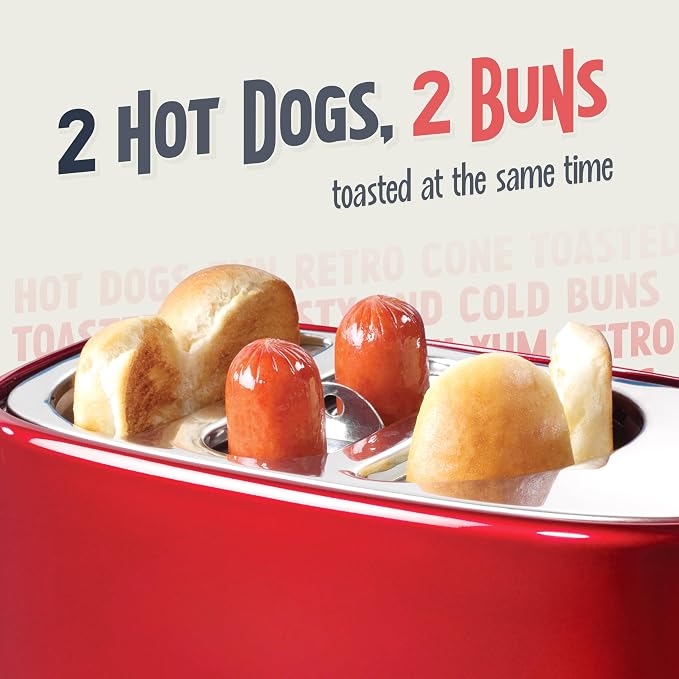 Nostalgia 2 Slot Hot Dog and Bun Toaster with Mini Tongs, Retro Hot Dog Toaster, Hot Dog Cooker that Works with Chicken, Turkey, Veggie Links, Sausages and Brats, Metallic Red
