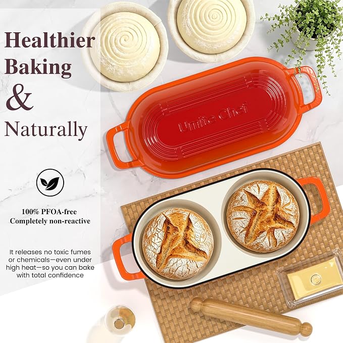 Umite Chef Complete Mini Double Dutch Oven Kit for Sourdough Bread – Enameled Cast Iron Bread Pan with Deep Dual Loaf Pots, Includes 5" Banneton Basket & Cotton Potholders, 500°F Oven Safe (Orange)