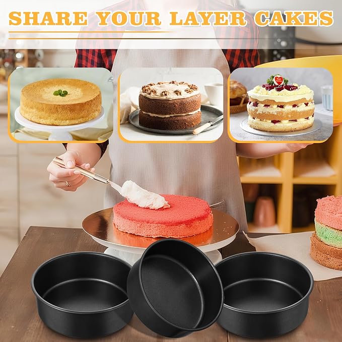 E-far 7 Inch Cake Pan, 3PCS Nonstick Stainless Steel Baking Cake Pans Tins | Round Smash Bakeware Baking for Birthday Layer Cake/Cheesecake, Straight Side, Non-Toxic & Healthy, Leakproof & Easy Clean