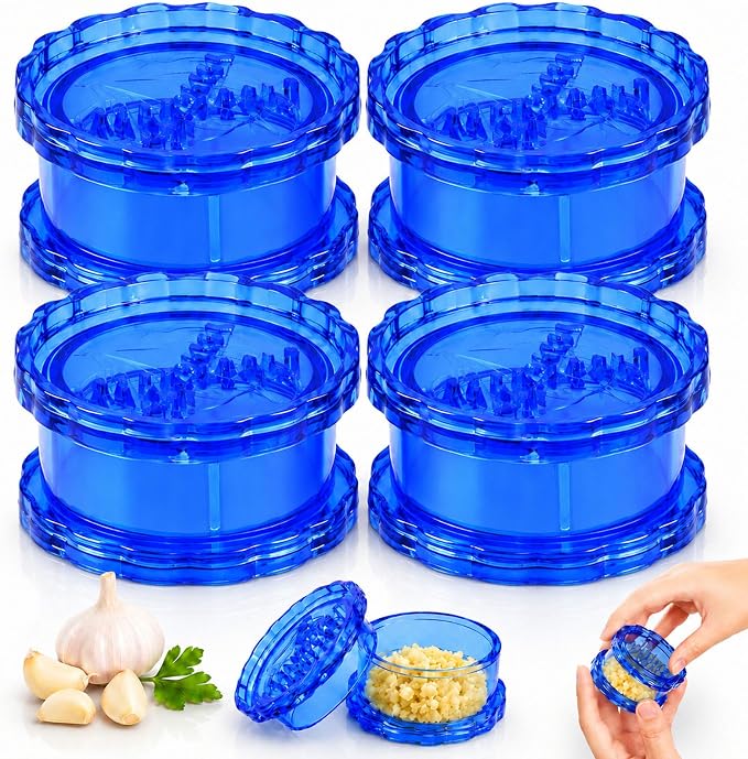 2PCS Clear Manual Garlic Twister and Ginger Mincer Tool, Manual Garlic Twister and Mincer, Garlic Crusher, Garlic Grinder, Compact Garlic Mincer Tool, Ginger, Herbs (Bule-4PCS)
